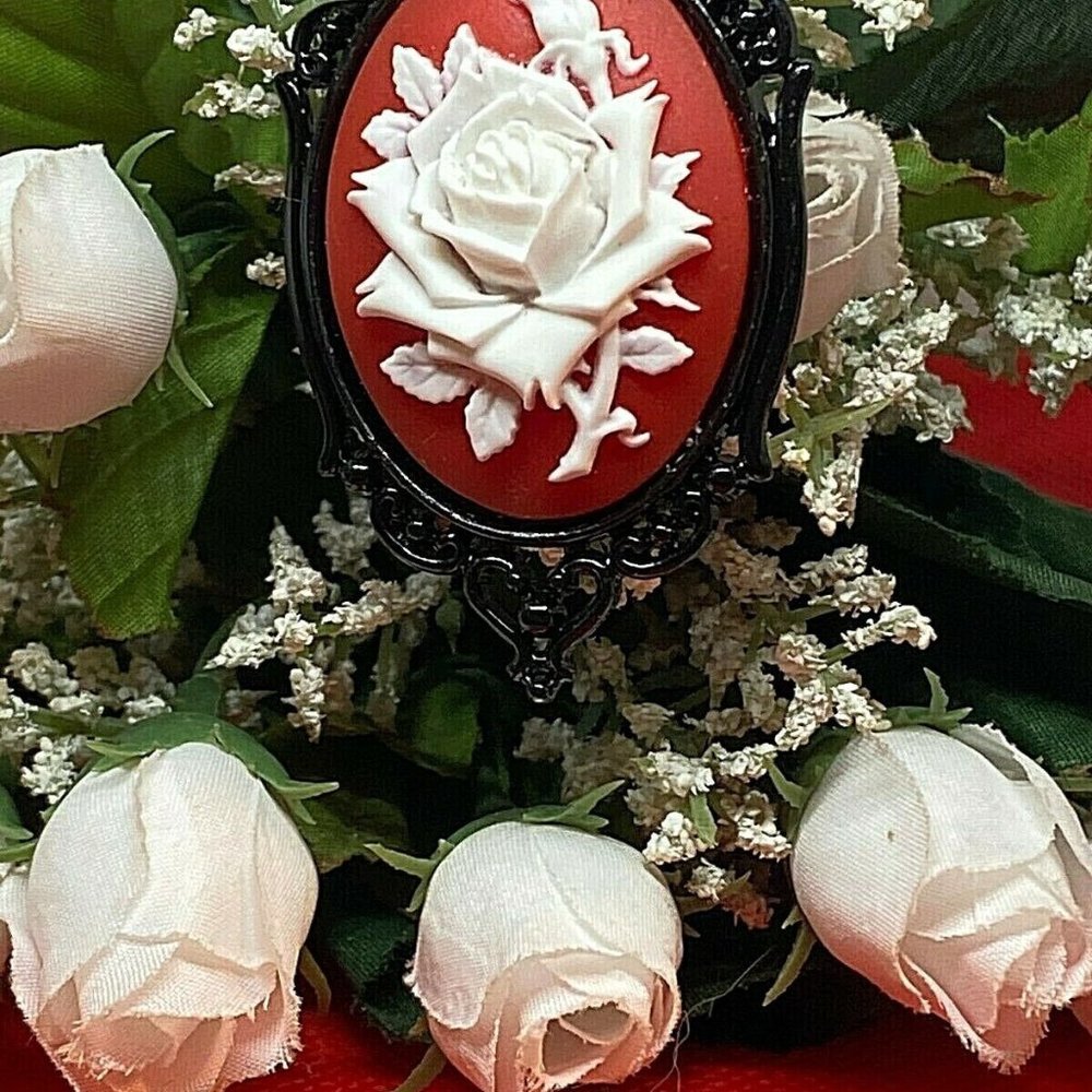 Red White Morbid Rose Goth Black Necklace Cameo